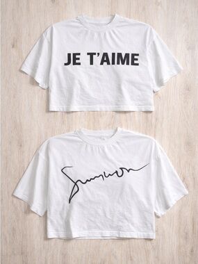 Lot of two - White Graphic Crop Tee - Script & Je T'aime Styles